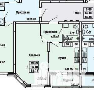 1-к квартира, вторичка, 38м2, 12/19 этаж