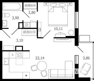 2-к квартира, строящийся дом, 44м2, 16/16 этаж