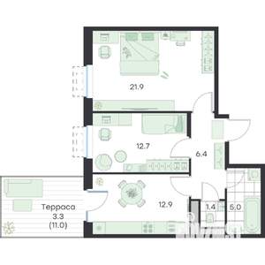 2-к квартира, вторичка, 64м2, 1/5 этаж