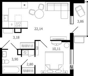 2-к квартира, строящийся дом, 44м2, 6/16 этаж