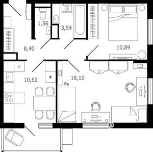 2-к квартира, строящийся дом, 54м2, 7/16 этаж