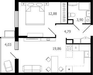 2-к квартира, строящийся дом, 43м2, 12/16 этаж