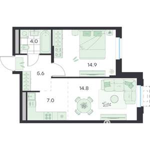 2-к квартира, вторичка, 46м2, 1/5 этаж