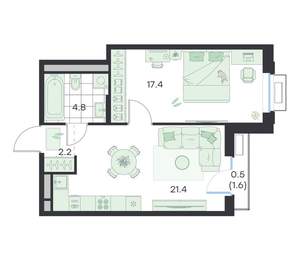 1-к квартира, вторичка, 46м2, 4/4 этаж