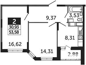 2-к квартира, вторичка, 55м2, 16/21 этаж