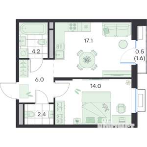 1-к квартира, вторичка, 44м2, 2/5 этаж