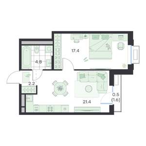 1-к квартира, вторичка, 46м2, 3/5 этаж
