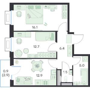 2-к квартира, вторичка, 56м2, 2/5 этаж