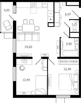 3-к квартира, строящийся дом, 63м2, 12/16 этаж