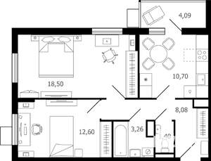 2-к квартира, строящийся дом, 57м2, 3/16 этаж